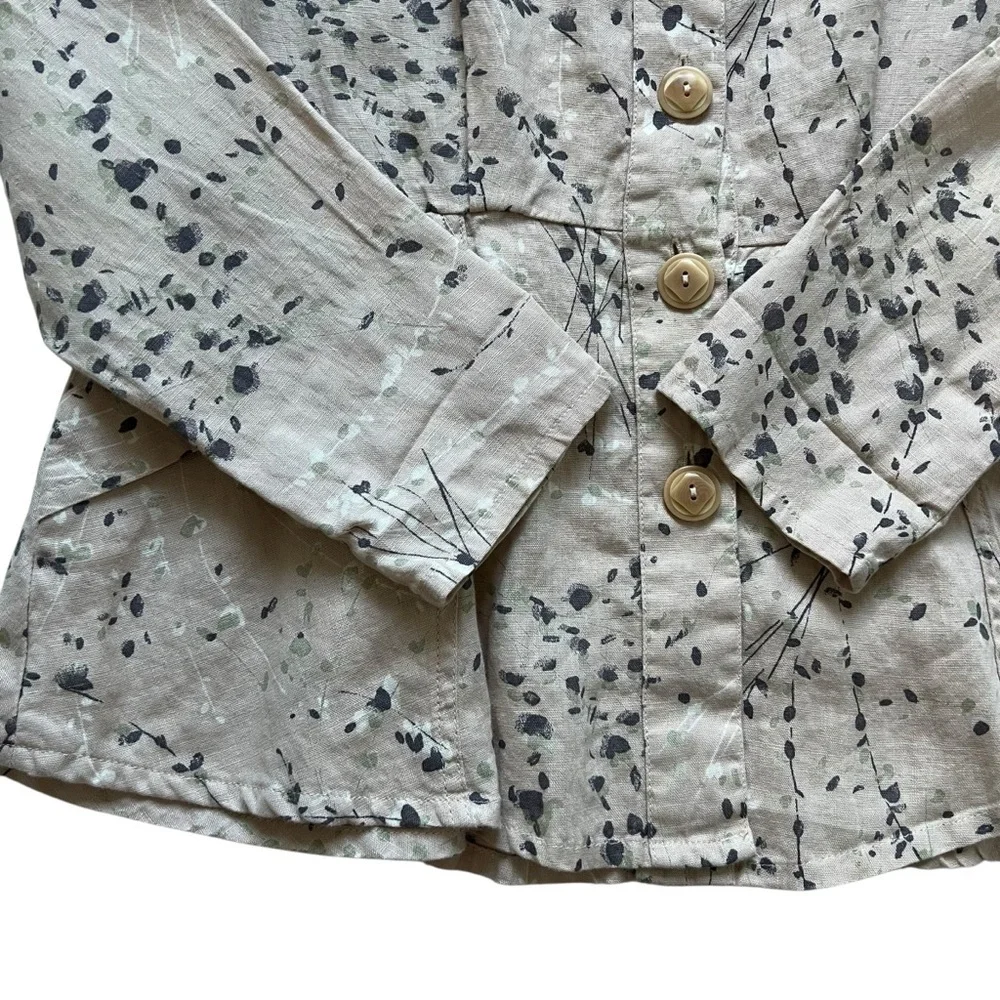FLAX Designs 100% Linen Pink Floral‎ Peplum Button Blouse Top Size S